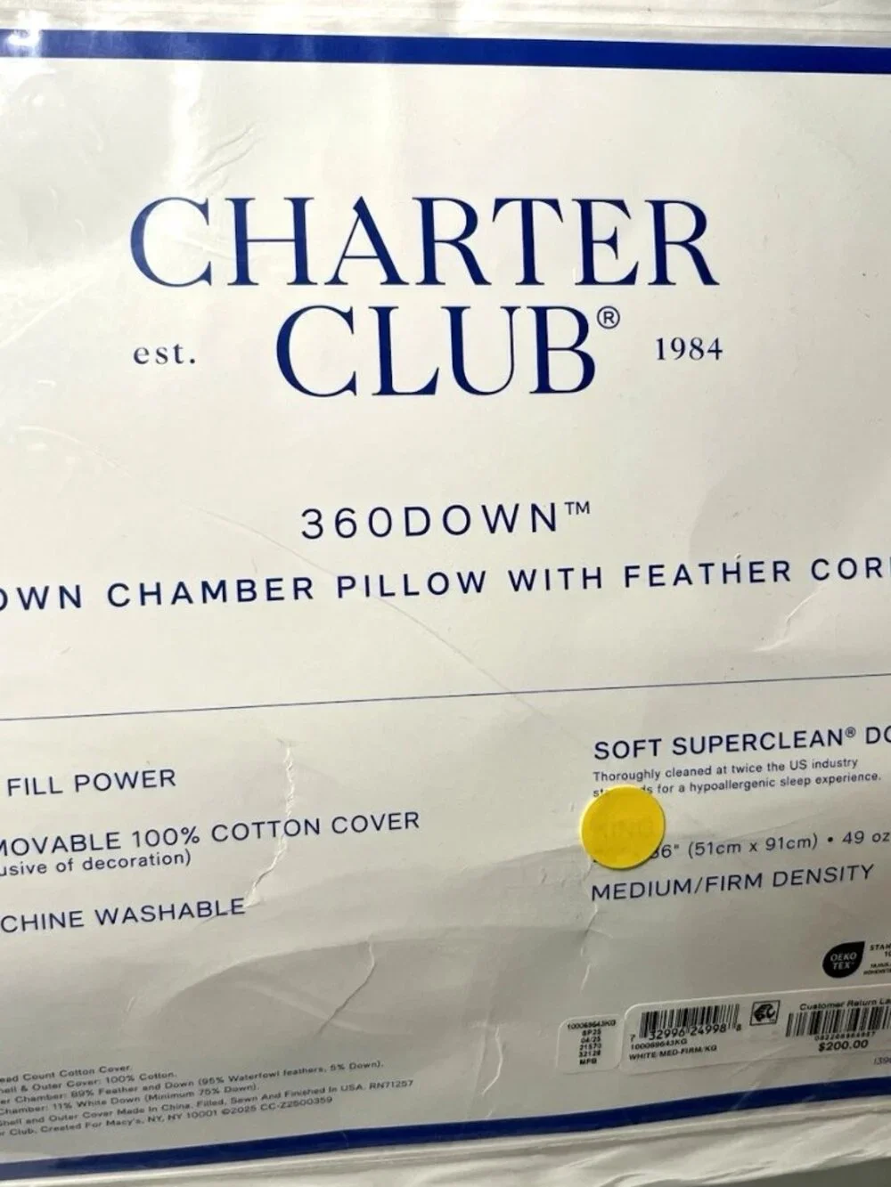 Charter Club 360 Down Chamber Pillow with Feather Core Medium / Firm (KING SIZE)
